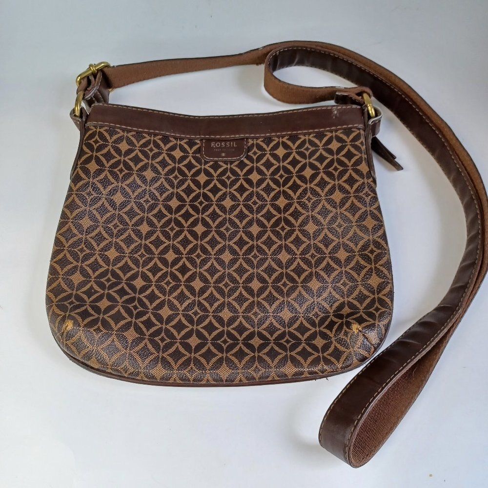 Fossil Bag Logo Print Crossbody Bag Zip Top Neutral Browns Vintage